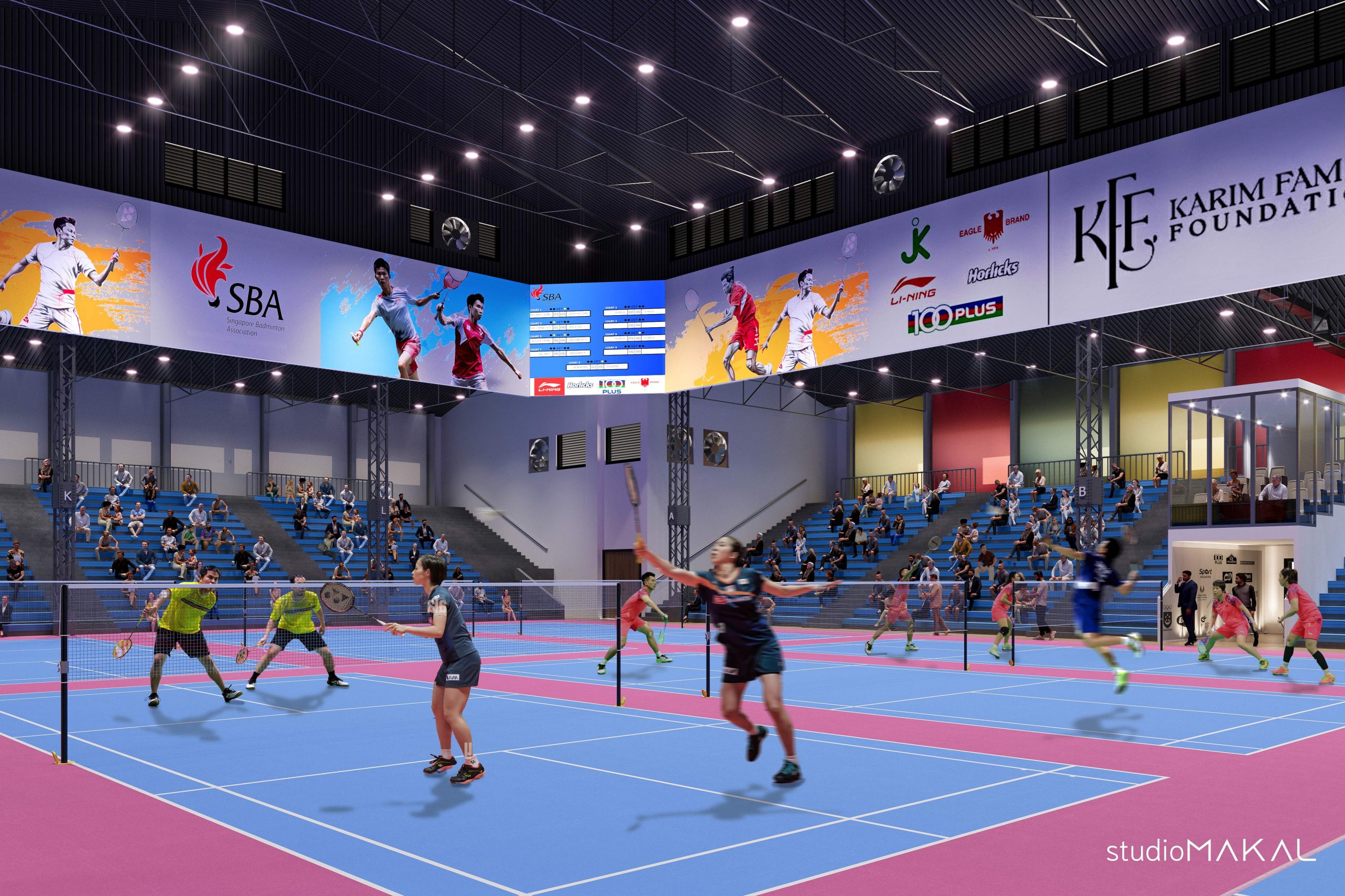 Indoor badminton arena in Singapore hosting multiple live matches, featuring digital sponsor displays, spectator seating, and modern sports infrastructure supported by the Singapore Badminton Association and Karim Family Foundation.