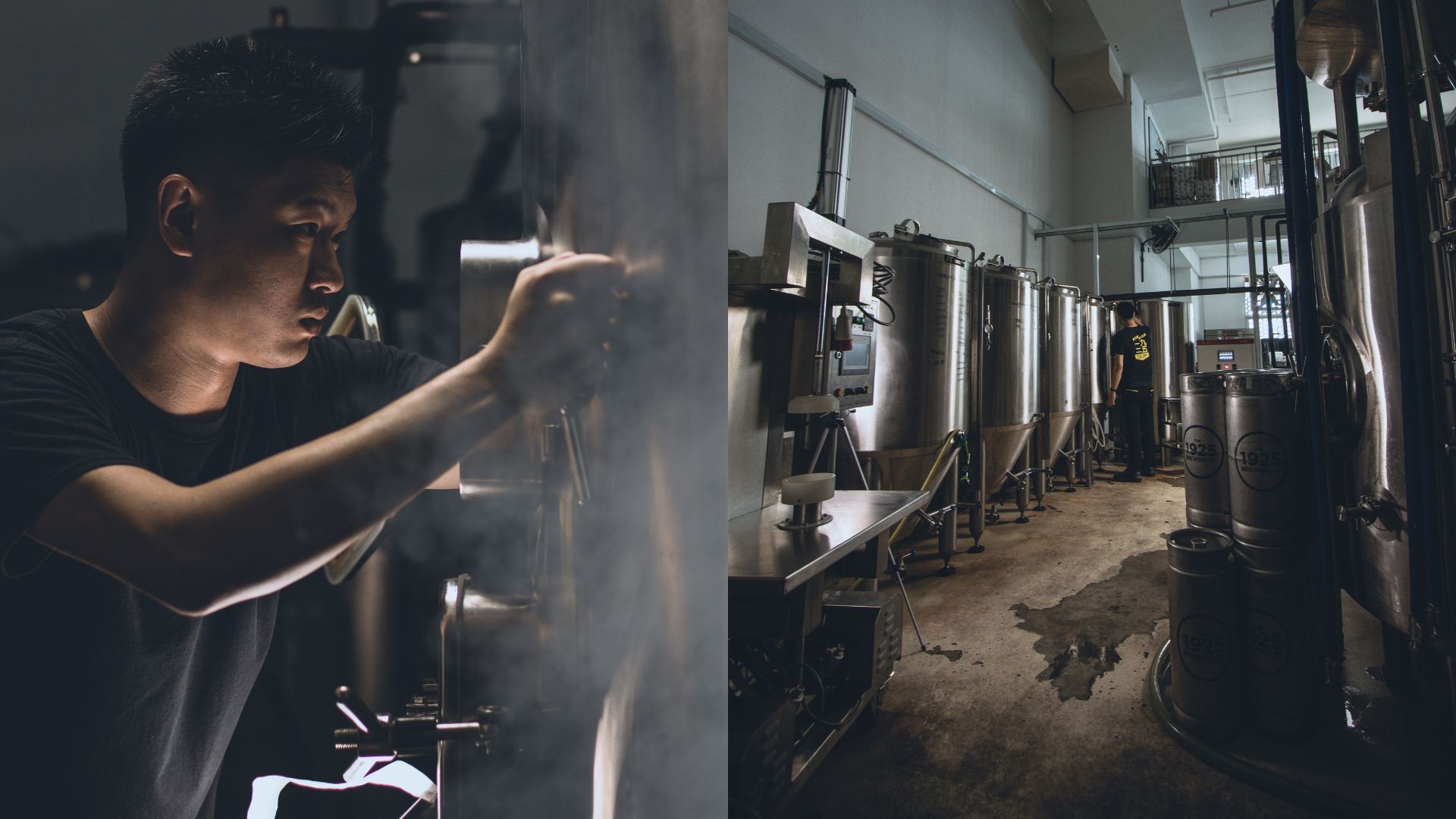 Brewer inspecting equipment inside a craft brewery alongside a wide view of stainless steel brewing tanks.