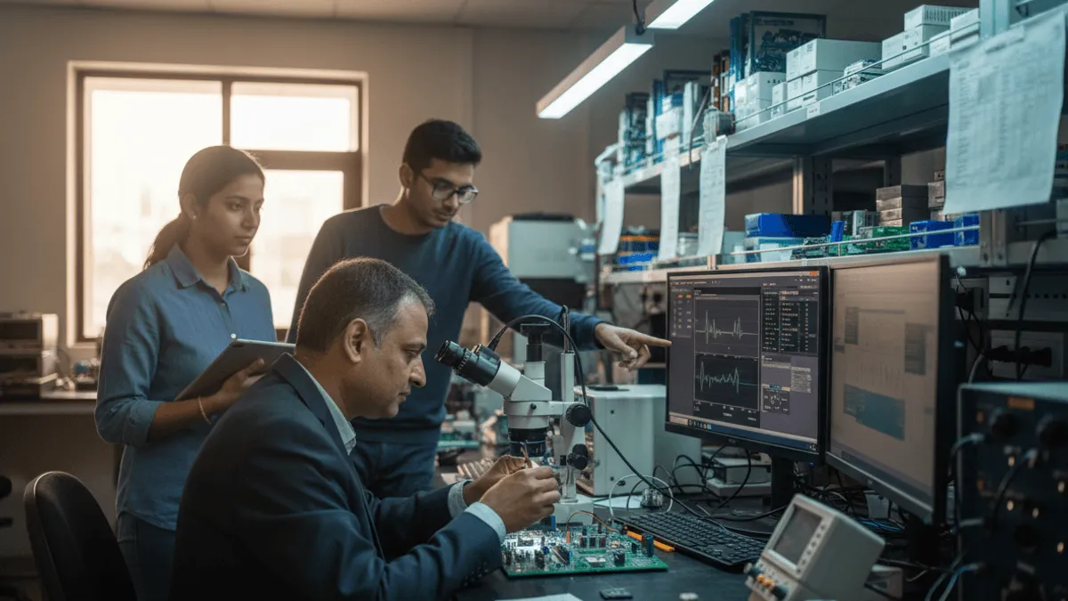 Engineers and researchers working in an electronics laboratory, analyzing semiconductor components and circuit board data using microscopes and computer monitoring systems.